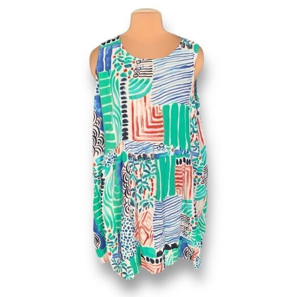 Orientque Alberobello Dress Blue Green Abstract Print Sleeveless Linen Blend - Picture 12 of 12